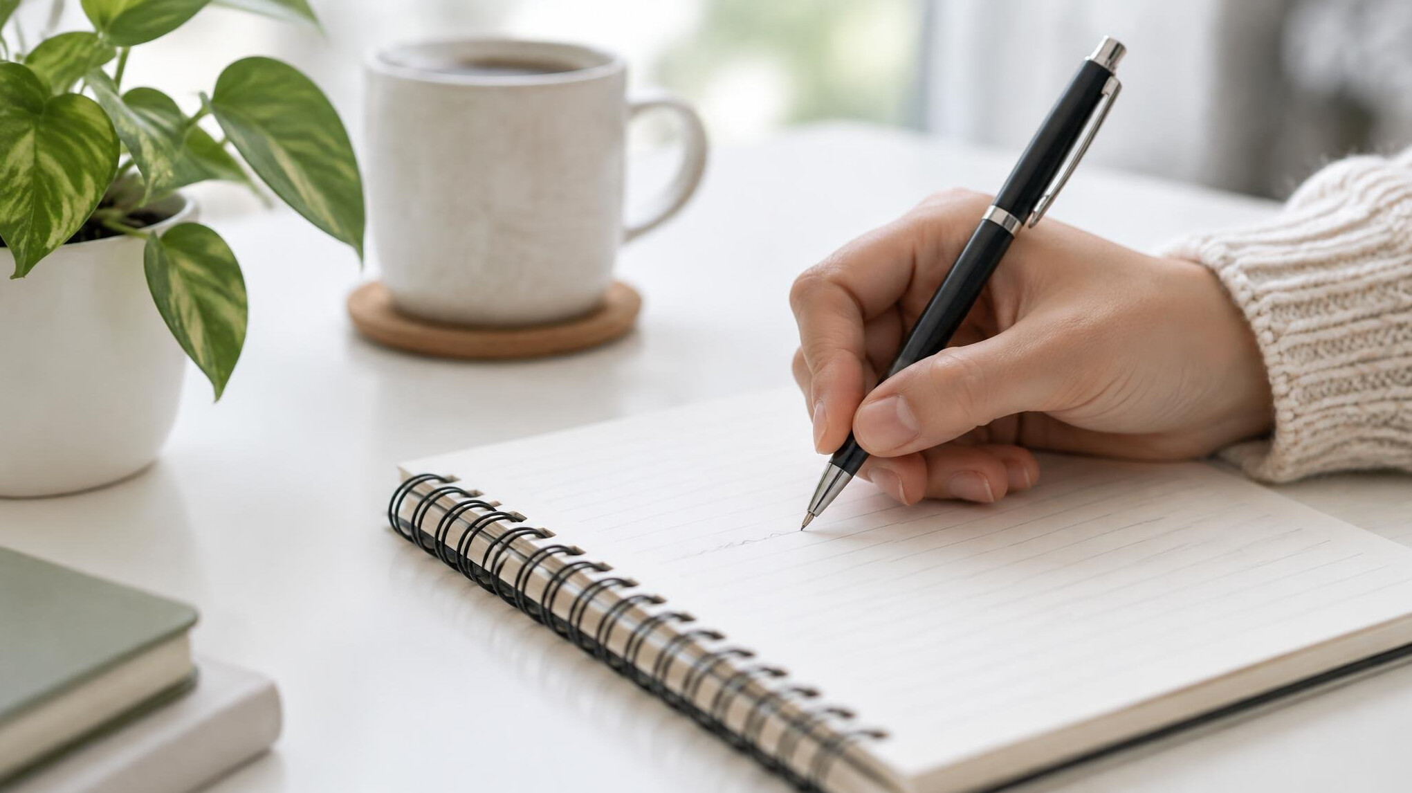 Hand writing in a planner notebook on a desk