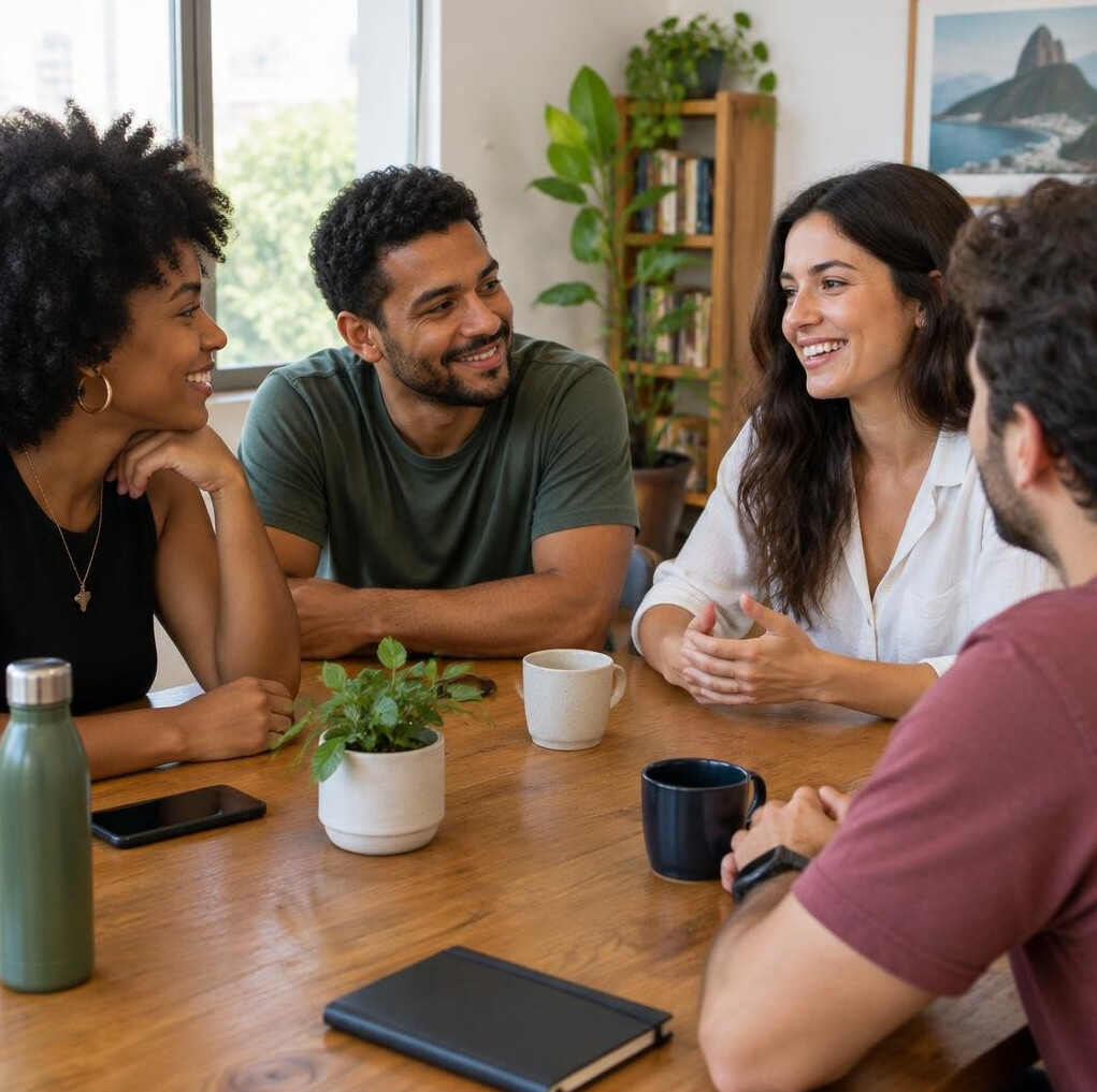 Group of diverse young Brazilian people talking and smiling around a table