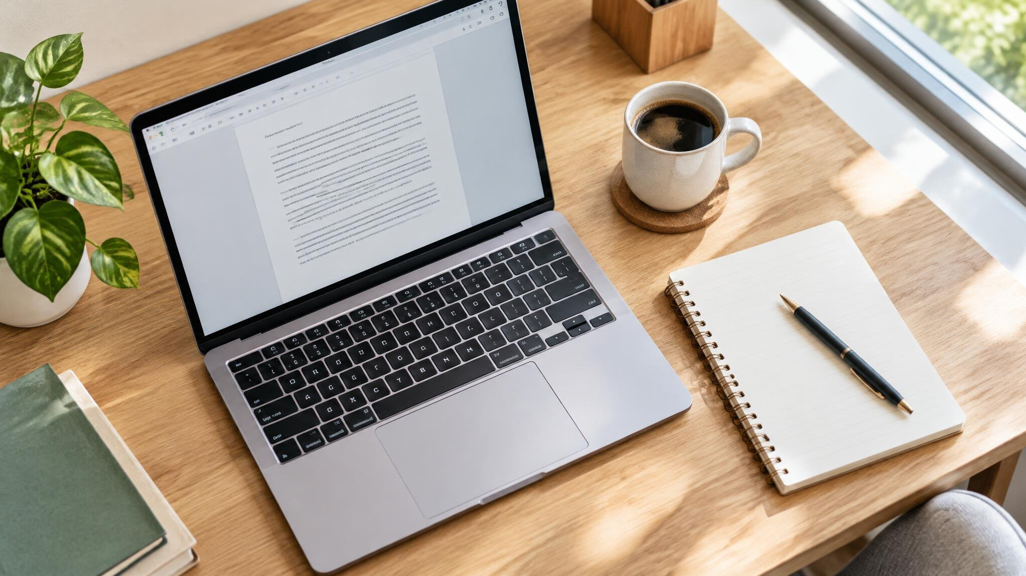 Laptop with open text document on a desk with coffee