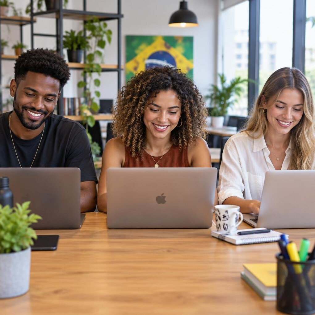 People working together at laptops in a bright room
